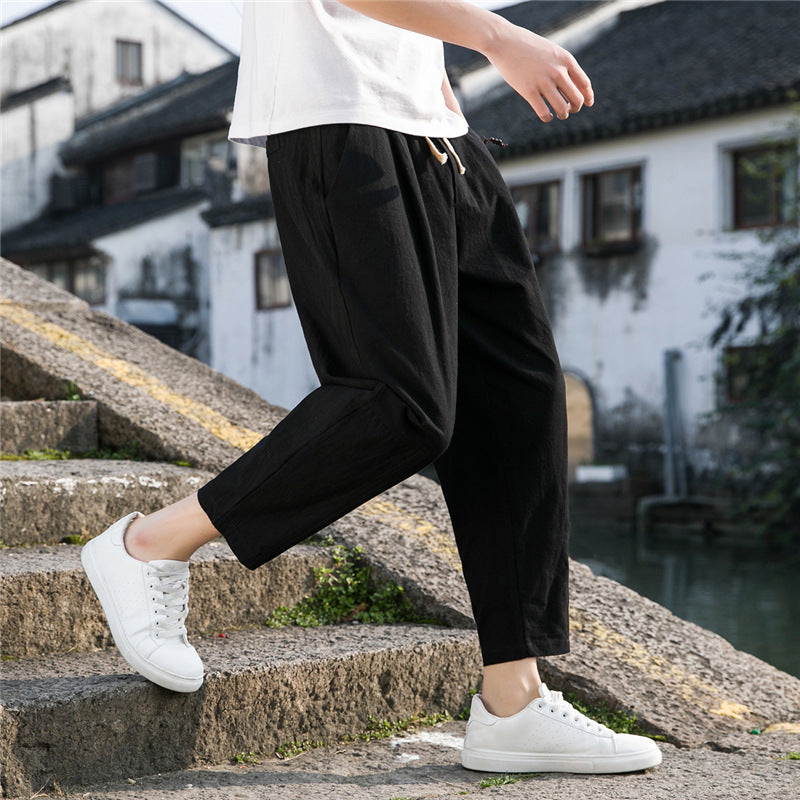 Pantalones de lino y algodón estilo chino para hombre | Pantalones harén ligeros, holgados y de pierna ancha para verano