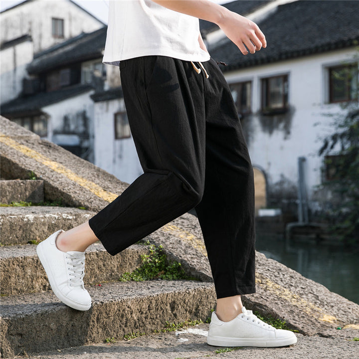 Pantalones de lino y algodón estilo chino para hombre | Pantalones harén ligeros, holgados y de pierna ancha para verano