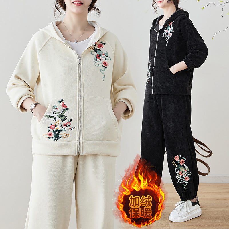 Conjunto étnico invernal de talla grande, de alta calidad y antiedad: sudadera bordada de tendencia nacional y pantalones largos holgados.
