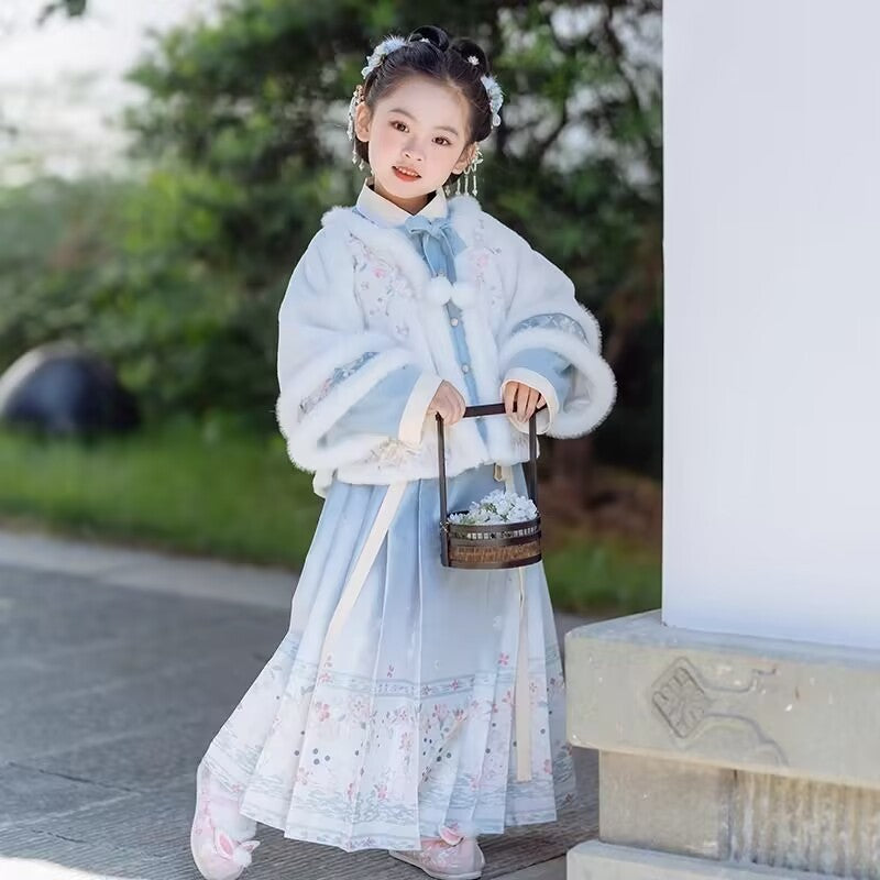 Hanfu de invierno para niña | Traje festivo con forro polar | Traje Tang estilo chino con falda Ma Mian | Ropa de invierno gruesa