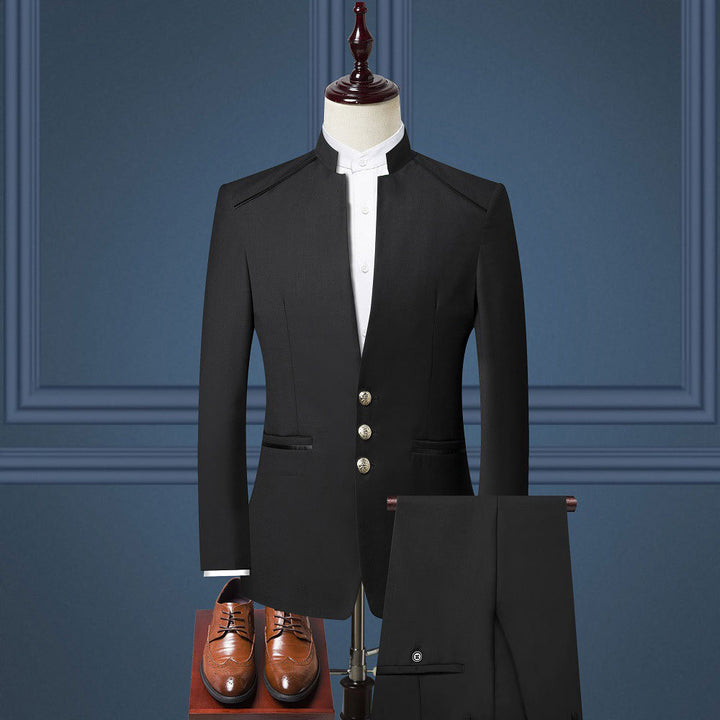 Traje clásico Zhongshan, chaqueta y pantalón, traje de dos piezas, estilo retro, pecho abierto, doble tenedor, botón dorado, traje de comercio exterior para hombre, venta al por mayor