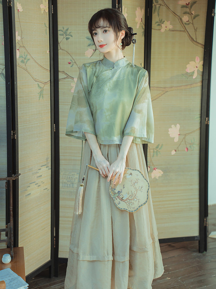 Original new Qingluo new Chinese Zen tea dress fairy girl cheongsam two-piece skirt improved Hanfu summer