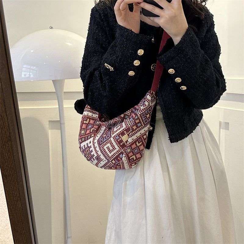 Chinese-Inspired Ethnic Style Dumpling Bag 2023 New Design with Colorful Pendant, Shoulder, and Crossbody Striped Tote