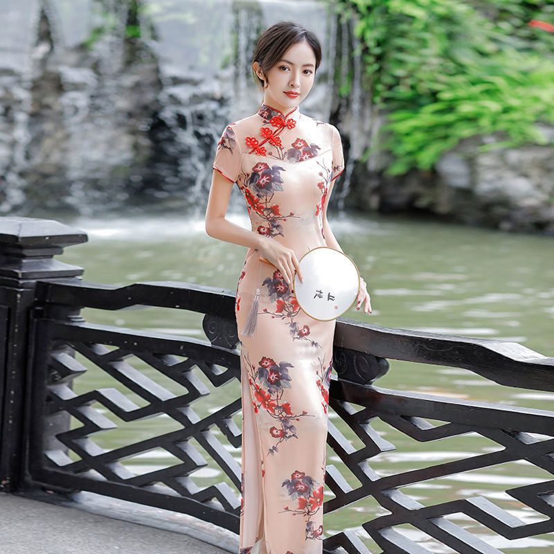 Vestido cheongsam largo de verano 2025, doble capa, talla grande, retro, mejorado, ajustado, para uso diario.
