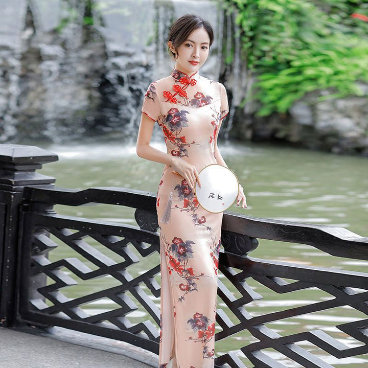 Vestido cheongsam largo de verano 2025, doble capa, talla grande, retro, mejorado, ajustado, para uso diario.