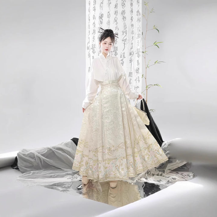 Traje de falda con cara de caballo estilo chino con mangas de avión y cuello cruzado bordado de la dinastía Ming para mujer de Hanfu original, ajustado para uso diario