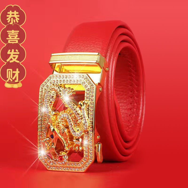 Cinturón del Zodiaco para Hombre: Piel Genuina, Hebilla Automática, Cinturón Rojo para el Año del Zodiaco, Ropa de Negocios e Informal, Regalo de Boda Perfecto
