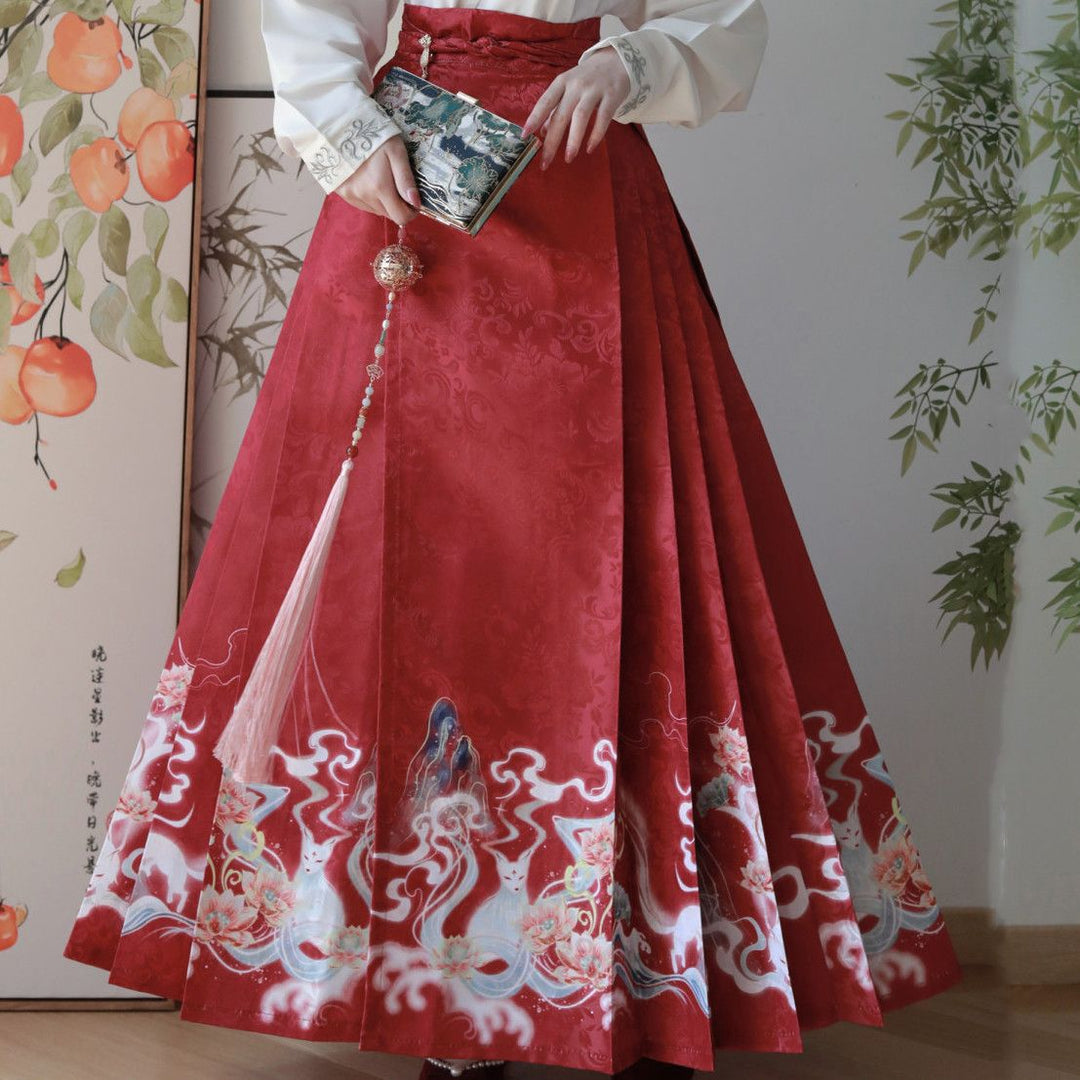 Nuevo Hanfu oriental original de la dinastía Ming: "Zorro Lunar y Loto Floreciente" con mangas planas y falda Ma Mian para mujer, uso diario.