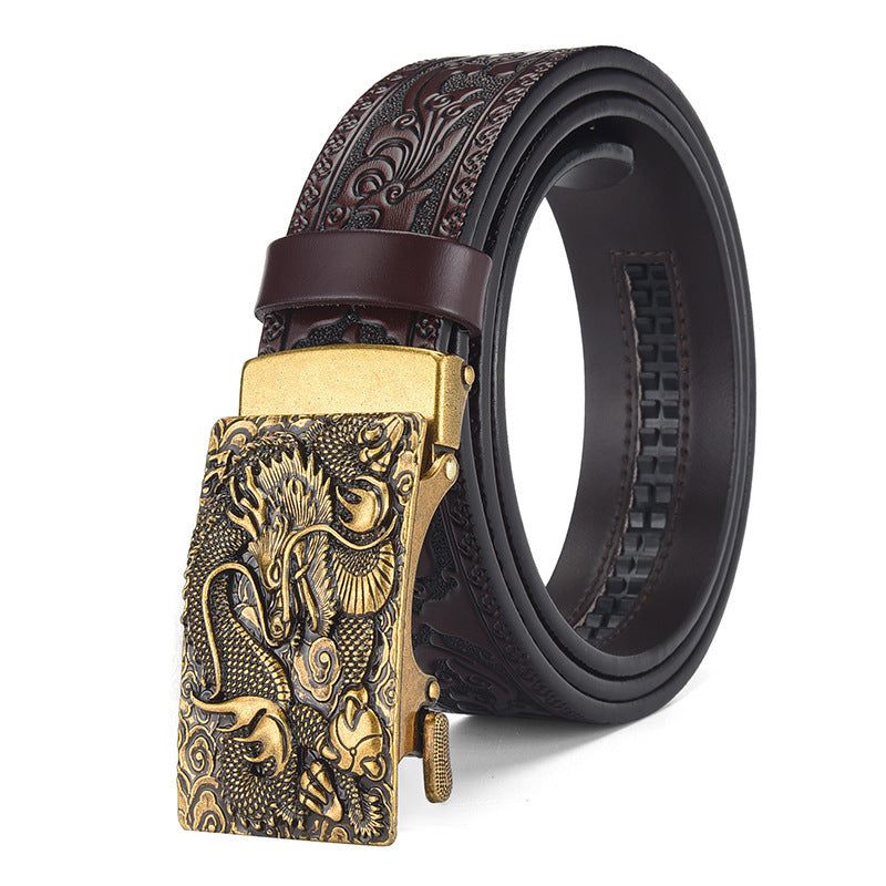 Cinturón de piel auténtica con cabeza de dragón: hebilla automática con diseño retro tallado, cinturón informal para vaqueros para hombres jóvenes.