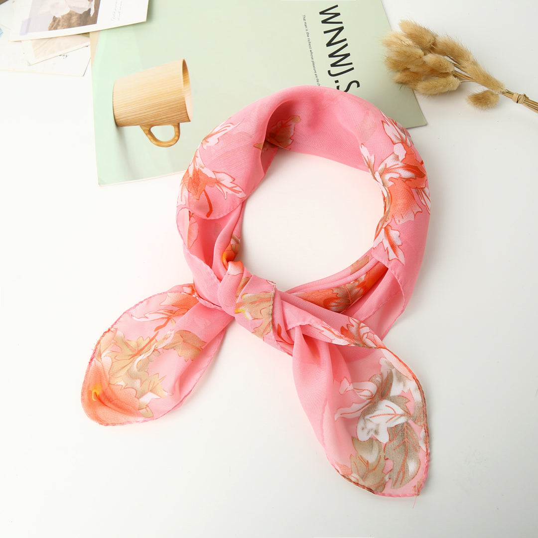 Pañuelo cuadrado pequeño estilo chino: versátil pañuelo de seda estampado para mujer, pañuelo para la cabeza, elegante pañuelo para el cuello, venta directa al por mayor.