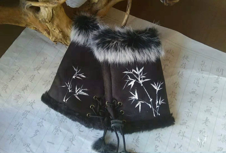 Guantes Qianqian de jade pintados a mano, de piel de conejo, cálidos, de medio dedo, hermosos guantes de invierno de estilo chino para mujer, edición de Navidad y Año Nuevo.