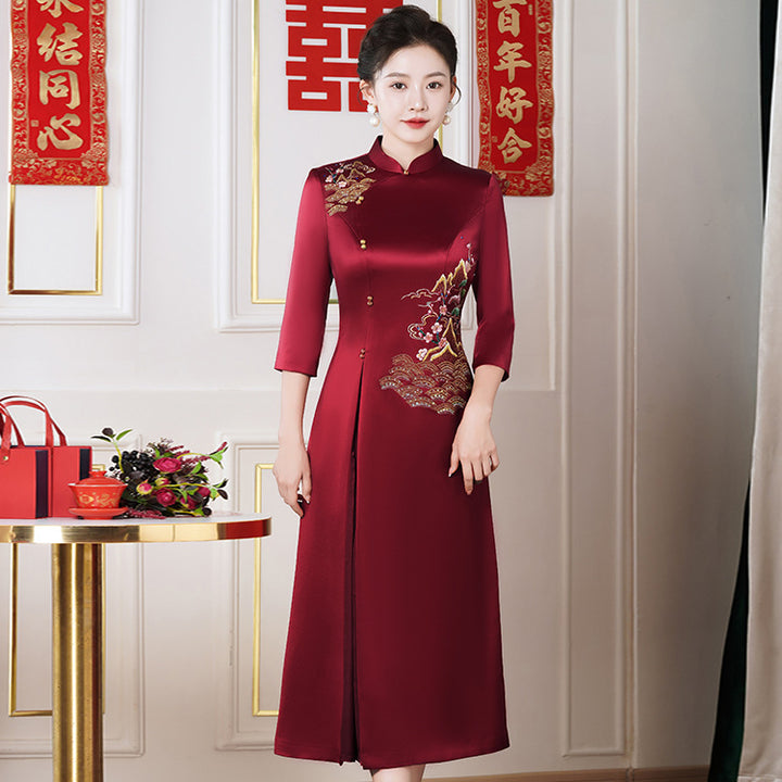 Vestido cheongsam de acetato de alta gama para invitadas de boda (colección primavera/otoño)