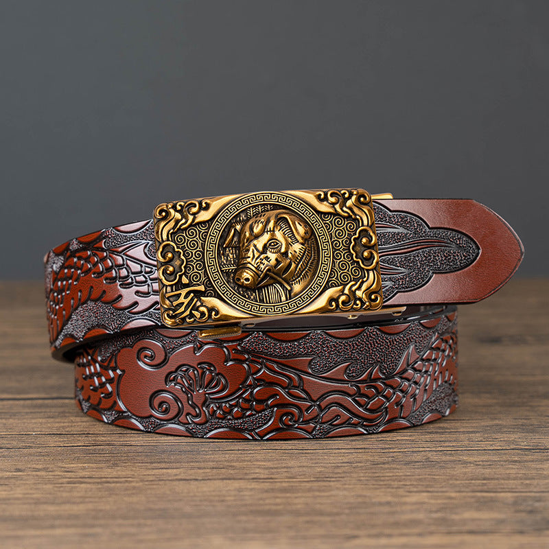 Nueva oferta: Cinturón con hebilla automática del zodiaco y grabado de dragón, de piel de vacuno de doble capa, moderno, informal y con un diseño atrevido.