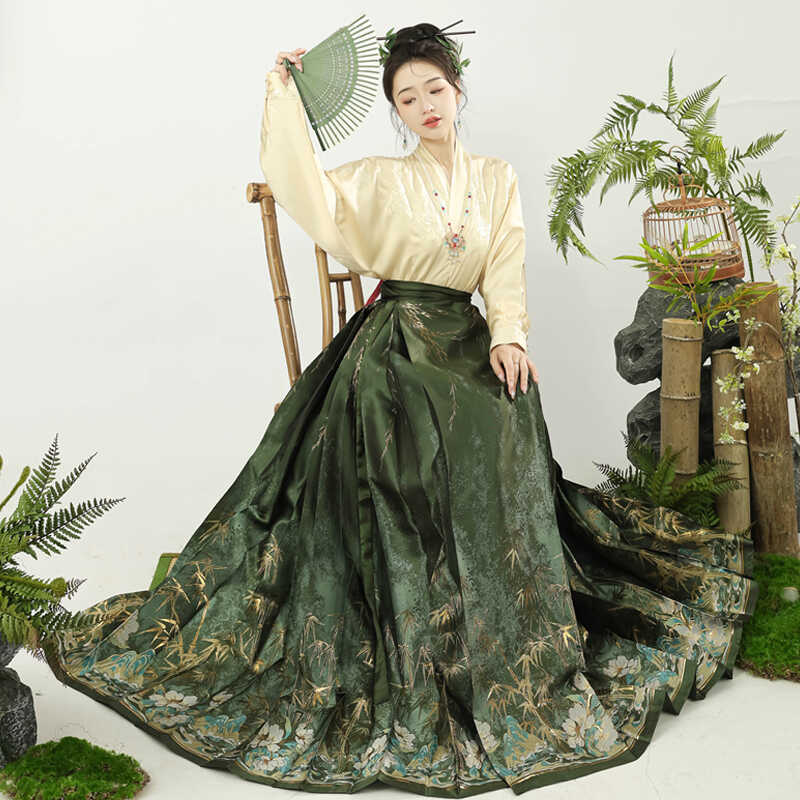 Luo Zhu - Hanfu "Sombra de Bambú" de la dinastía Ming | Conjunto de falda Ma Mian de brocado y mangas de avión para mujer | Hanfu modernizado para uso diario en otoño
