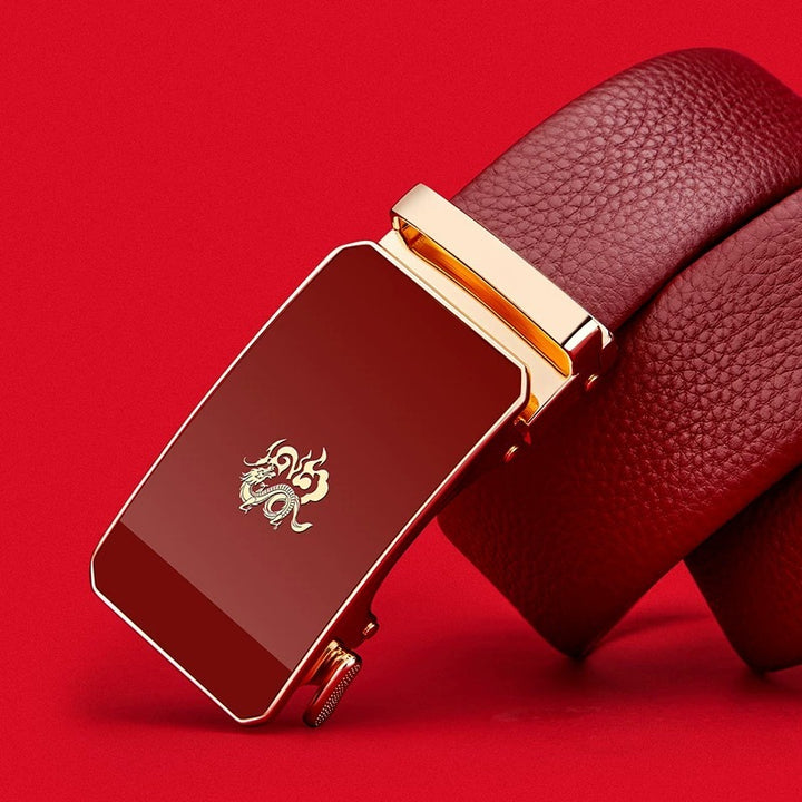 Cinturón de cuero para hombre Paul – Año del Dragón, hebilla automática del zodiaco, cuero genuino, color rojo, nuevo estilo 2024, regalo de boda, venta al por mayor