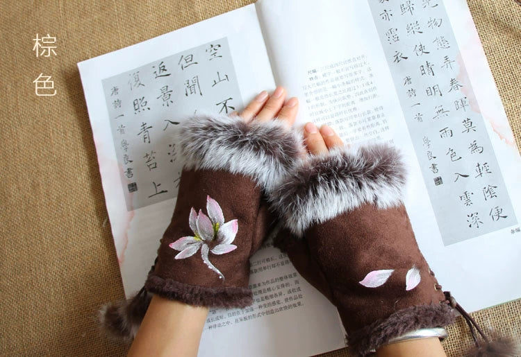 Guantes Qianqian de jade pintados a mano, de piel de conejo, cálidos, de medio dedo, hermosos guantes de invierno de estilo chino para mujer, edición de Navidad y Año Nuevo.