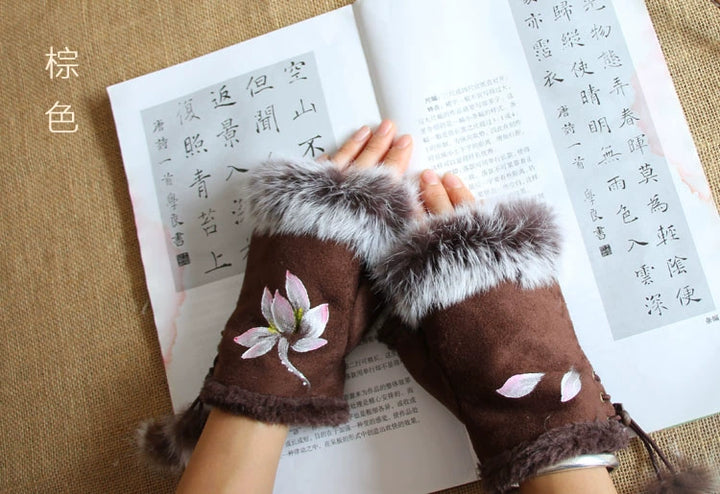 Guantes Qianqian de jade pintados a mano, de piel de conejo, cálidos, de medio dedo, hermosos guantes de invierno de estilo chino para mujer, edición de Navidad y Año Nuevo.