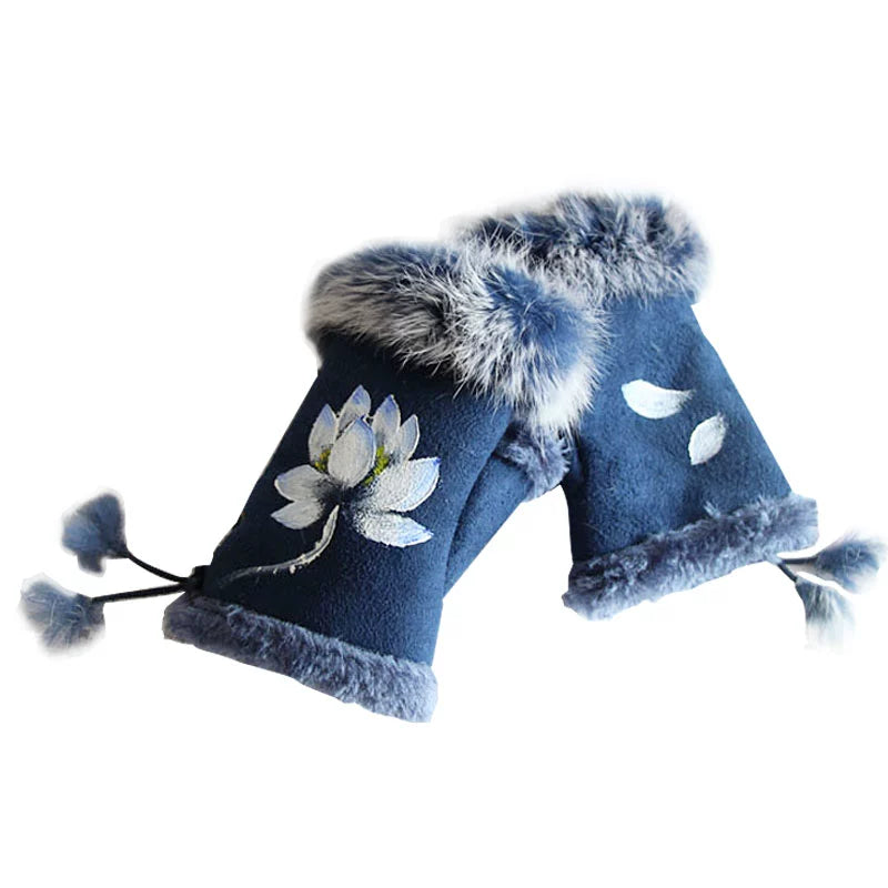 Guantes Qianqian de jade pintados a mano, de piel de conejo, cálidos, de medio dedo, hermosos guantes de invierno de estilo chino para mujer, edición de Navidad y Año Nuevo.