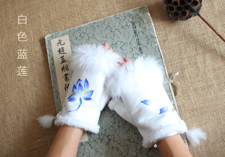 Guantes de piel de conejo Qianqian Chenxiang pintados a mano, cálidos, de medio dedo, exquisitos guantes de invierno de estilo chino para mujer, regalo de Año Nuevo.