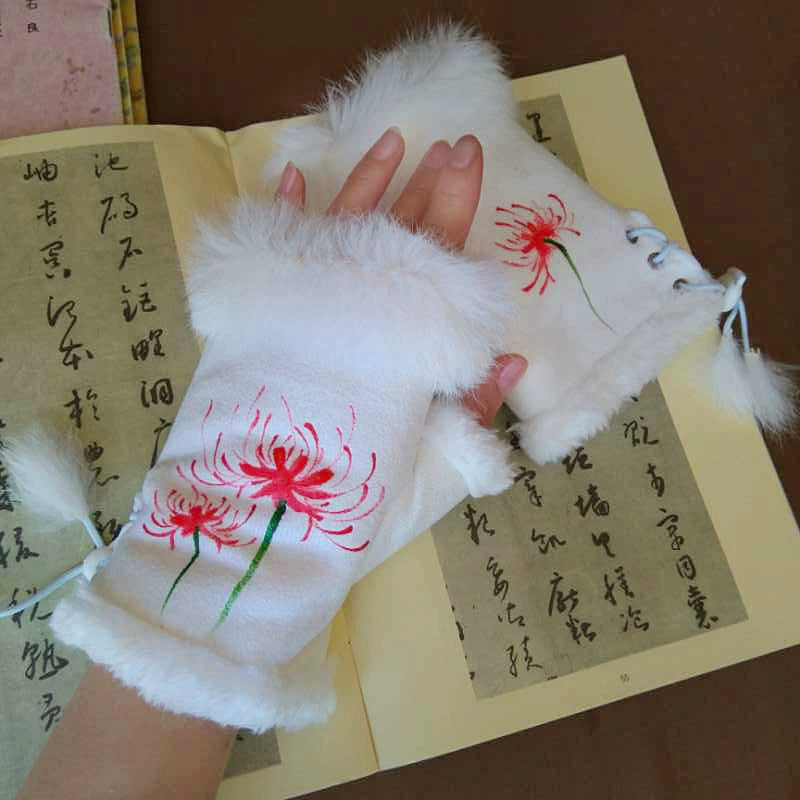Guantes Qianqian de jade pintados a mano, de piel de conejo, cálidos, de medio dedo, hermosos guantes de invierno de estilo chino para mujer, edición de Navidad y Año Nuevo.