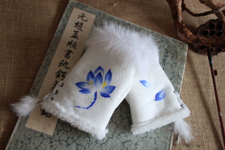 Guantes Qianqian de jade pintados a mano, de piel de conejo, cálidos, de medio dedo, hermosos guantes de invierno de estilo chino para mujer, edición de Navidad y Año Nuevo.