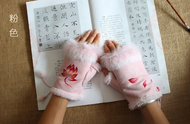 Guantes Qianqian de jade pintados a mano, de piel de conejo, cálidos, de medio dedo, hermosos guantes de invierno de estilo chino para mujer, edición de Navidad y Año Nuevo.