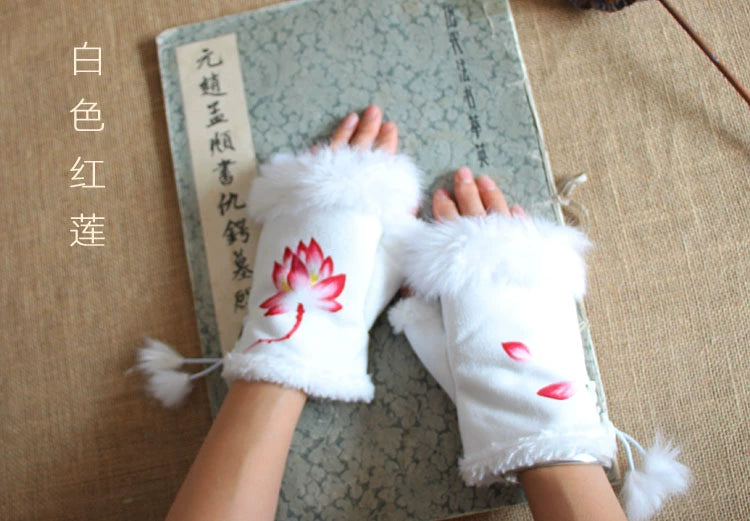 Guantes Qianqian de jade pintados a mano, de piel de conejo, cálidos, de medio dedo, hermosos guantes de invierno de estilo chino para mujer, edición de Navidad y Año Nuevo.
