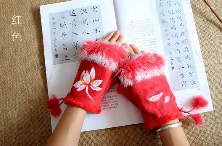 Guantes Qianqian de jade pintados a mano, de piel de conejo, cálidos, de medio dedo, hermosos guantes de invierno de estilo chino para mujer, edición de Navidad y Año Nuevo.