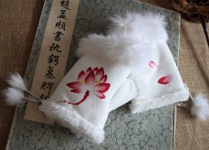 Guantes de piel de conejo Qianqian Chenxiang pintados a mano, cálidos, de medio dedo, exquisitos guantes de invierno de estilo chino para mujer, regalo de Año Nuevo.