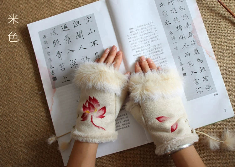 Guantes Qianqian de jade pintados a mano, de piel de conejo, cálidos, de medio dedo, hermosos guantes de invierno de estilo chino para mujer, edición de Navidad y Año Nuevo.