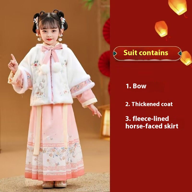 Hanfu de invierno para niña | Traje festivo con forro polar | Traje Tang estilo chino con falda Ma Mian | Ropa de invierno gruesa