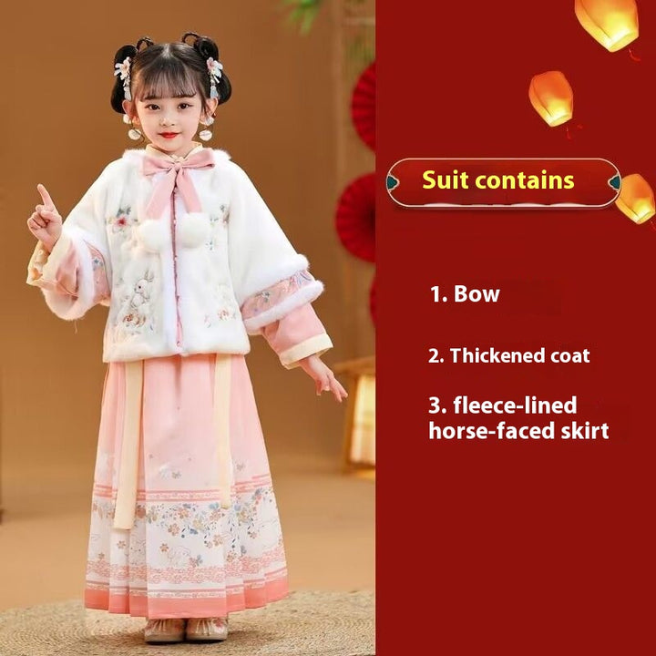 Hanfu de invierno para niña | Traje festivo con forro polar | Traje Tang estilo chino con falda Ma Mian | Ropa de invierno gruesa