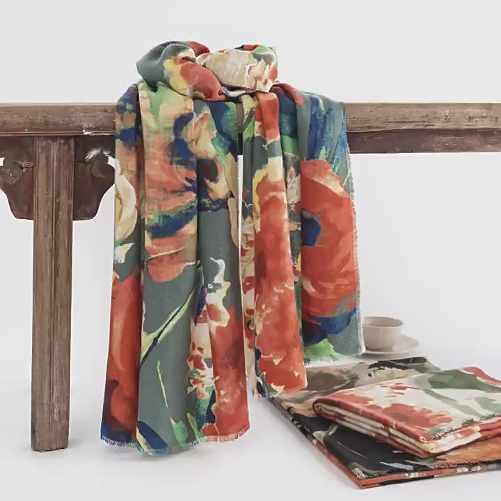 Bufanda de cachemira sintética para mujer: elegante chal cálido de estilo chino con estampado, protector de cuello de alta gama para desplazamientos.