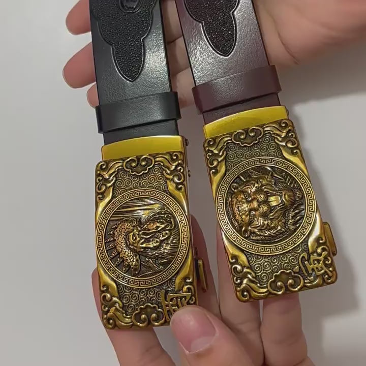 Nueva oferta: Cinturón con hebilla automática del zodiaco y grabado de dragón, de piel de vacuno de doble capa, moderno, informal y con un diseño atrevido.