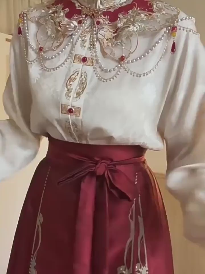 Traje de boda Hanfu chino | Conjunto de top bordado + falda Ma Mian + hombros Yun