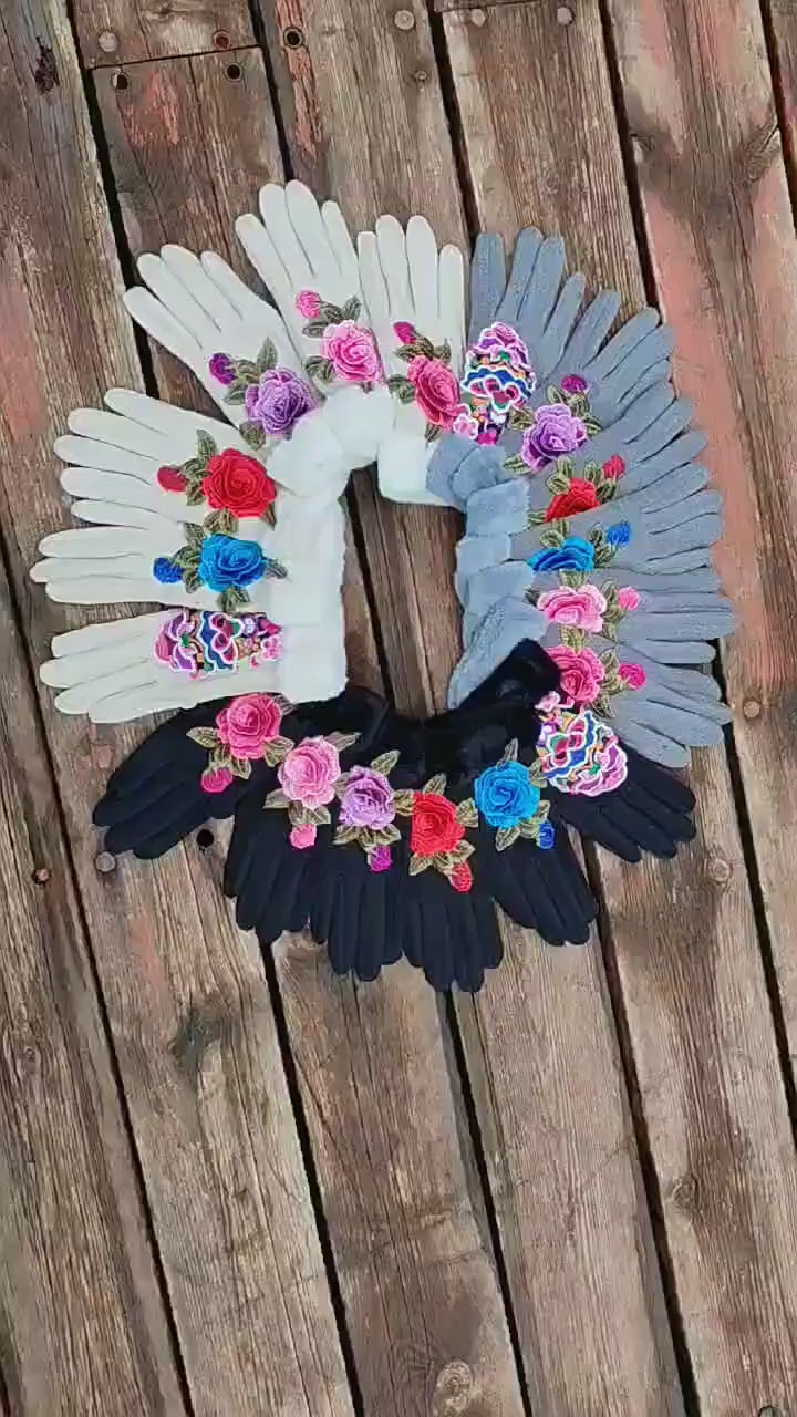 Guantes de dedos completos para mujer: diseño floral bordado étnico de Yunnan con ribete de piel sintética