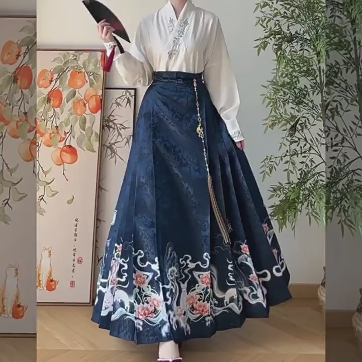 Nuevo Hanfu oriental original de la dinastía Ming: "Zorro Lunar y Loto Floreciente" con mangas planas y falda Ma Mian para mujer, uso diario.