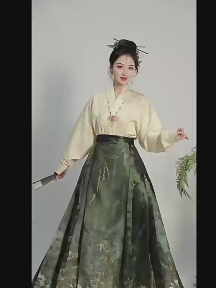 Conjunto original de falda con cara de caballo al estilo chino | Hanfu bordado "Sombras de Bambú" con cuello cruzado y mangas de avión