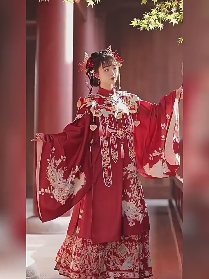 Han Yu Kui 【Fengxi】Conjunto completo de Hanfu estilo Ming con top de cuello alto superpuesto, hombros de nube bordados y falda Ma Mian