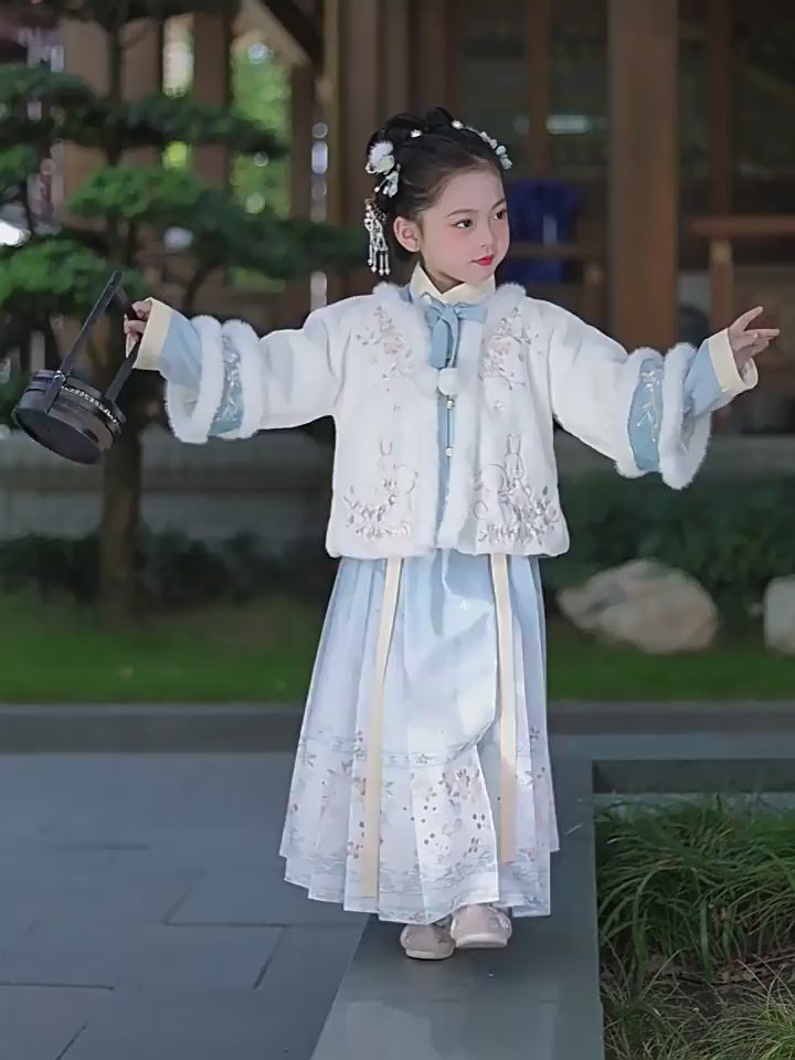 Hanfu de invierno para niña | Traje festivo con forro polar | Traje Tang estilo chino con falda Ma Mian | Ropa de invierno gruesa