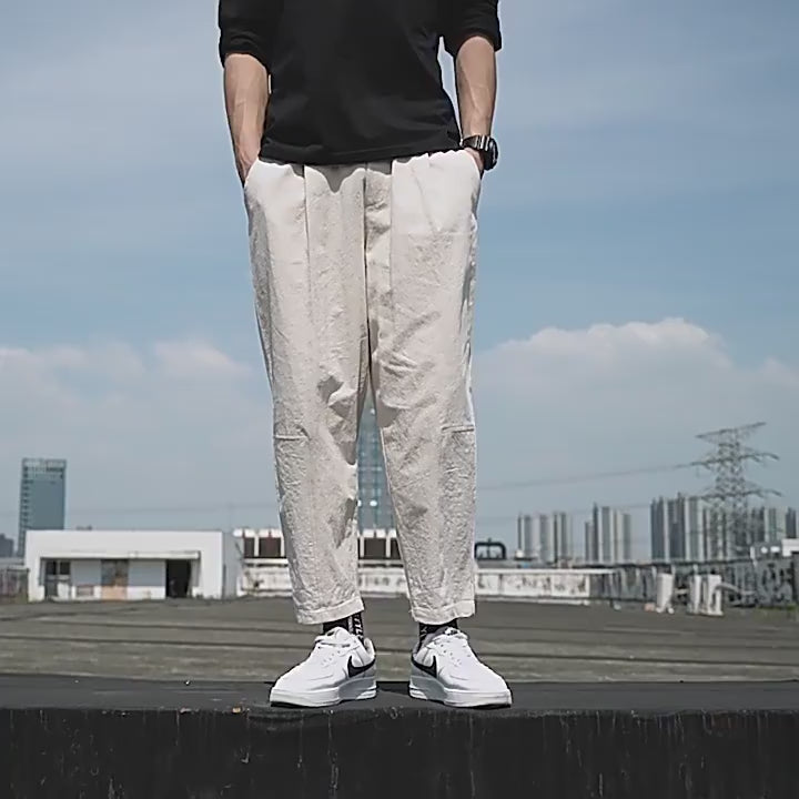 Pantalones de lino y algodón estilo chino para hombre | Pantalones harén ligeros, holgados y de pierna ancha para verano