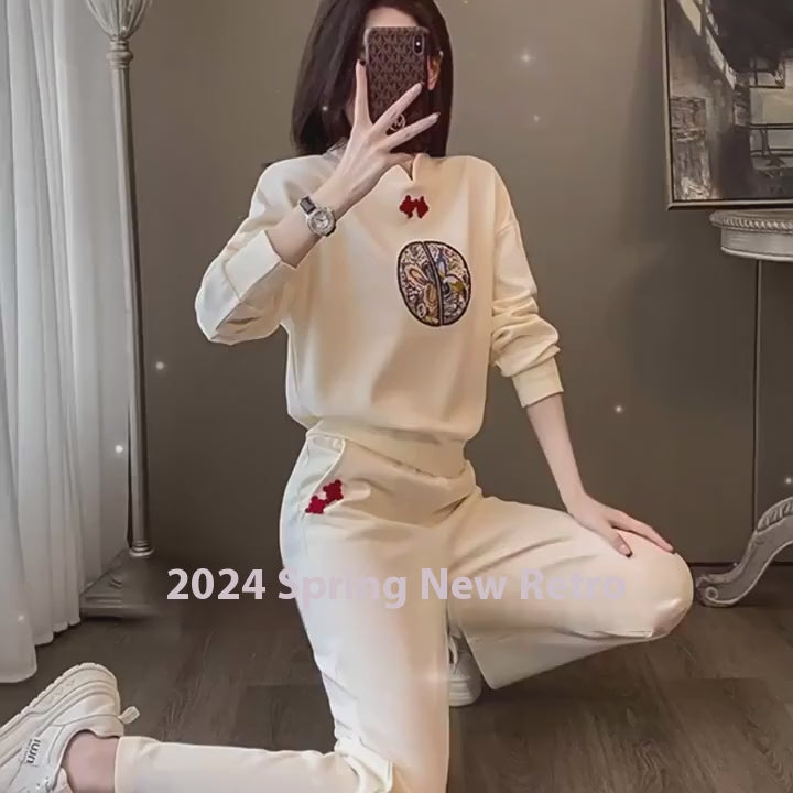2024 Spring New Retro Chinese Style Sportswear Set for Women – Stylish & Youthful Hoodie & Wide-Legged Pants Two-Piece Set