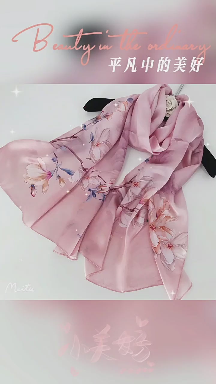 Bufanda de seda morera premium con estampado floral – Bufanda de seda estilo chino para mujer – Regalo elegante para mamá o personas mayores
