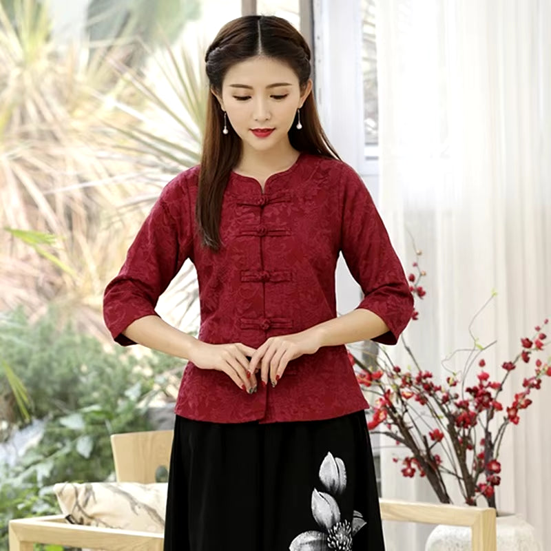 Traditional Chinese Clothing Cotton Linen Shirt Blouse Vintage Lady Solid Tops Oriental Hanfu Chinese Style Clothing Women 11643