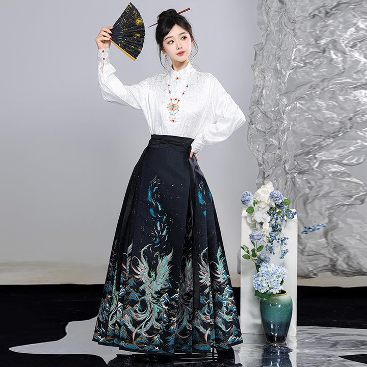 Conjunto de falda Mamen china Qing Fenghuang | Hanfu modernizado con diseño floral dorado