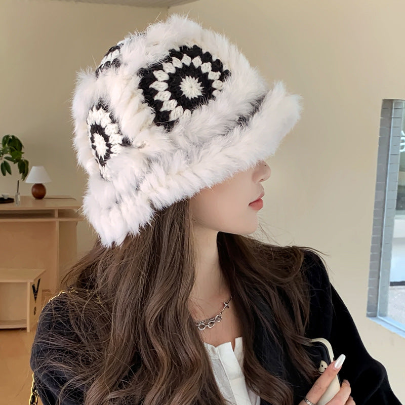 Gorro de pescador de piel de conejo con diseño de león de National Trend: cálido, adelgazante y tejido de felpa para mujer, con un bonito sombrero de pescador con cabeza de tigre.