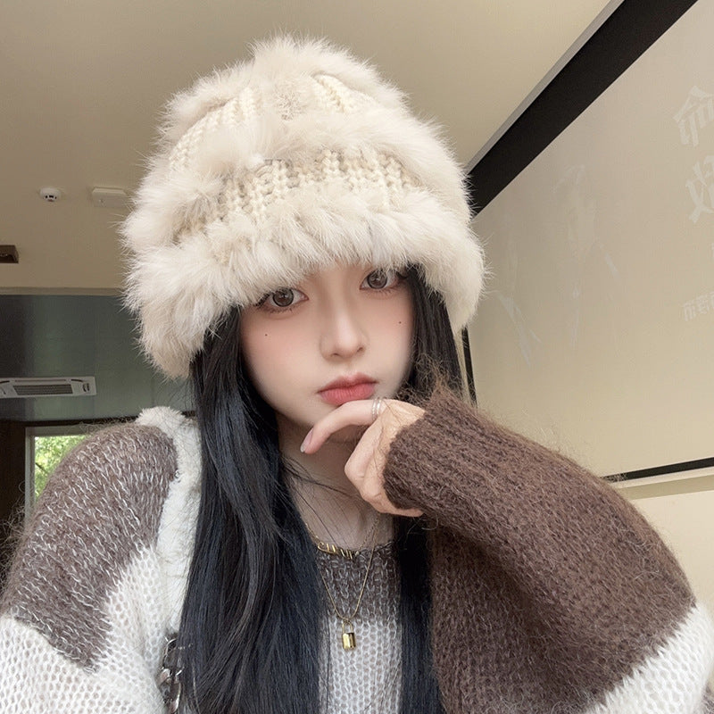 Gorro de pescador de punto de piel de conejo para mujer: protección auditiva para otoño e invierno, hilo de punto cálido, gorro de felpa con cabeza de león de tendencia nacional.