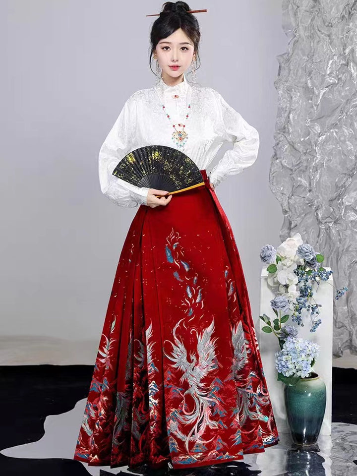 Conjunto de falda Mamen china Qing Fenghuang | Hanfu modernizado con diseño floral dorado