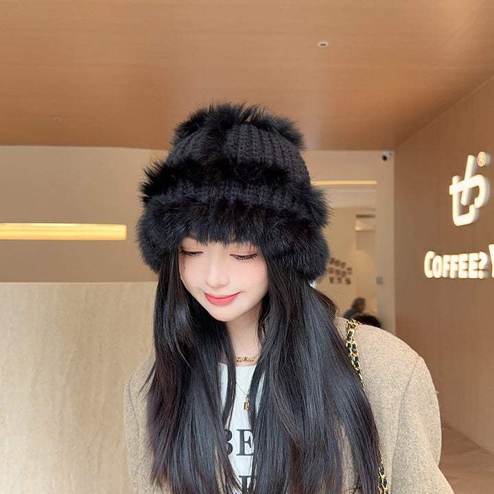 Gorro de pescador de punto de piel de conejo para mujer: protección auditiva para otoño e invierno, hilo de punto cálido, gorro de felpa con cabeza de león de tendencia nacional.