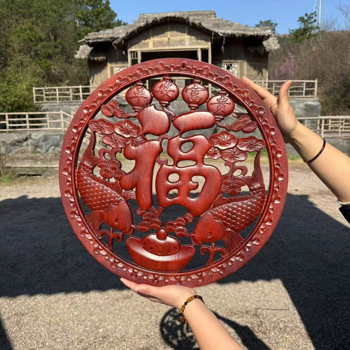 Dongyang Apple Blessing Wood Carving – Camphor Wood Chinese Wall Hanging, Antique-Style Decor for Living Room and Entryway